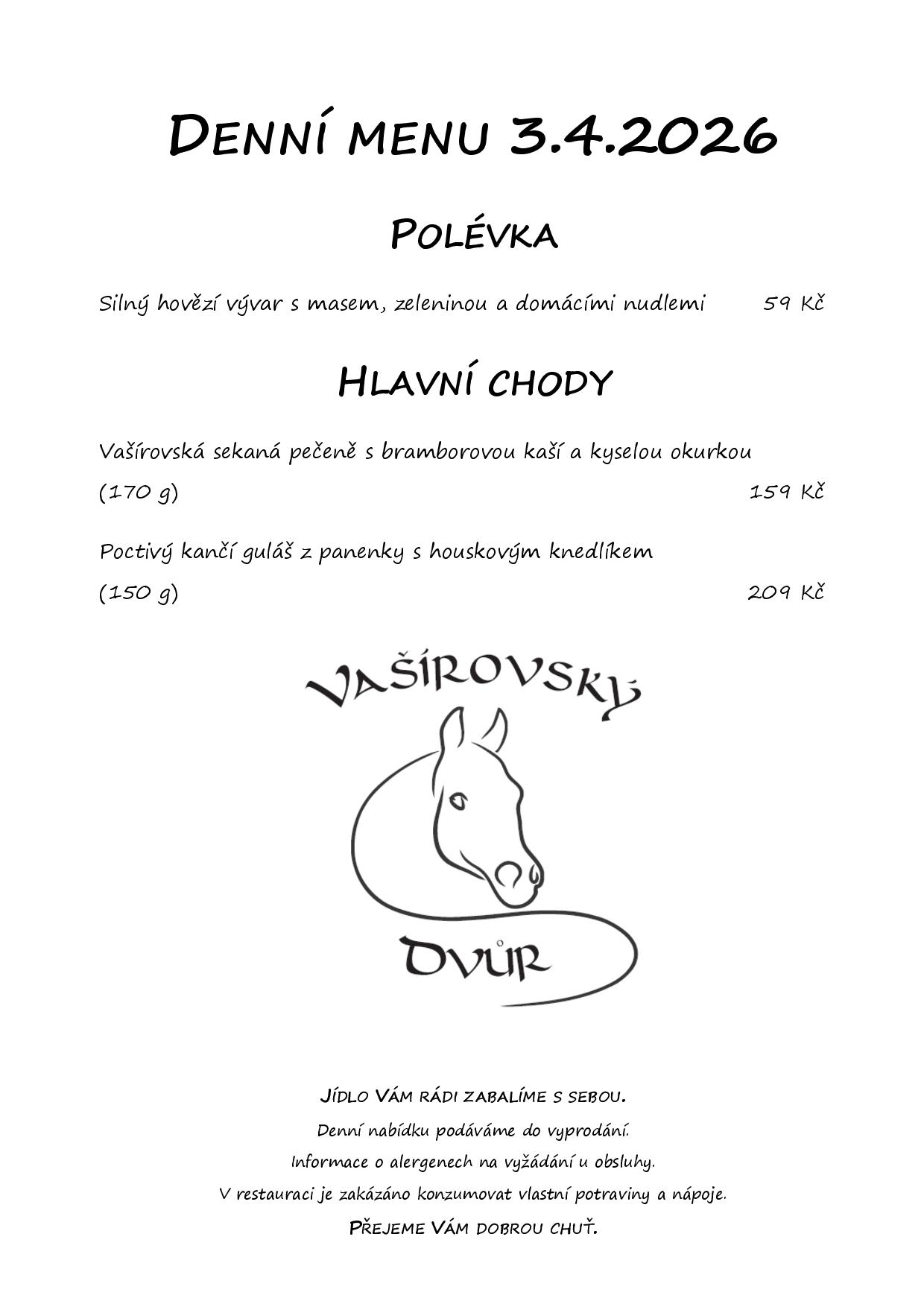 Denní menu Vašírovský Dvůr